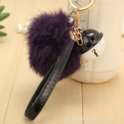 Customized Rabbit Fur Ball Charm Keychain With Bell Pendant